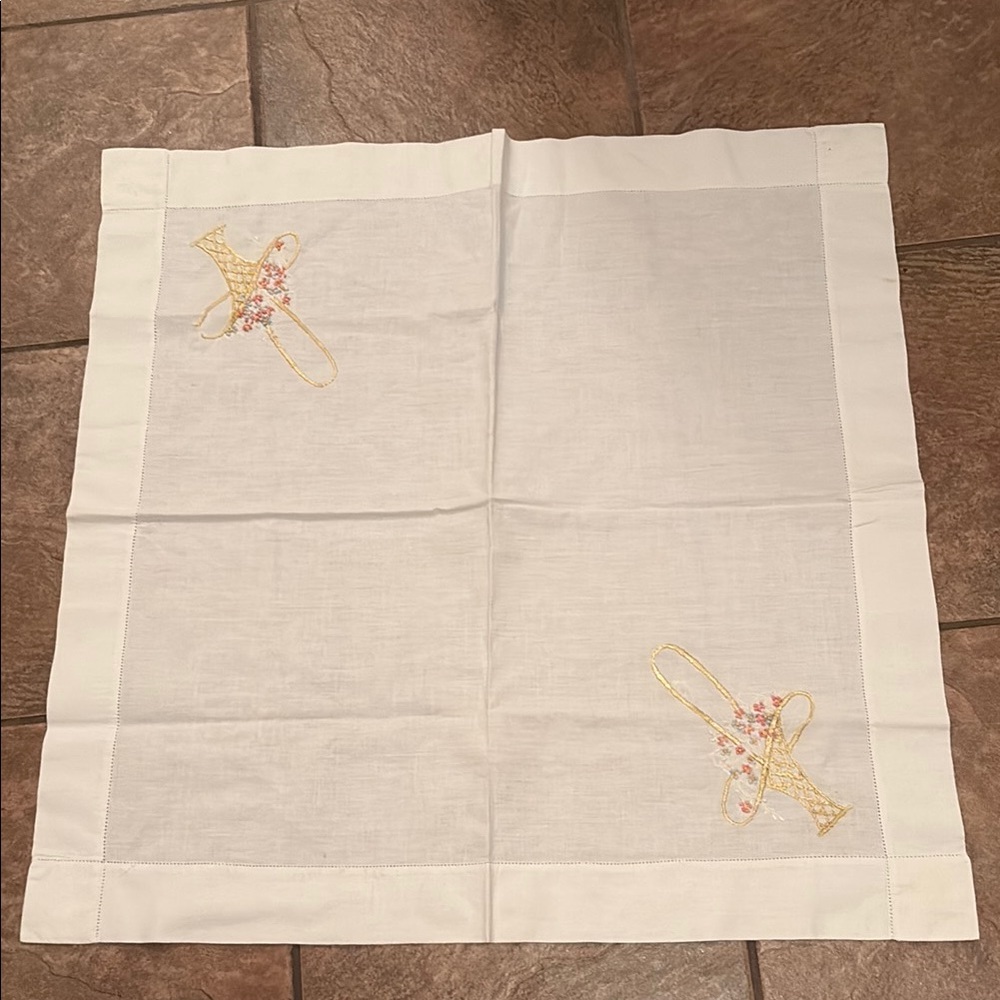Hand Embroidered White VINTAGE Linen cotton Floral Basket design Tablecloth